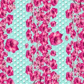 Seamless pink flowers pattern with white polka dots. Monochrome print Stock-Illustration