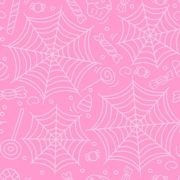 Seamless pink Halloween pattern. Spider web with candy, lollipop, treat. . Stock Illustration