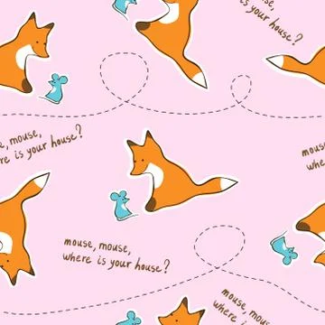 Seamless pink kids pattern with fox and mouse. イラスト素材