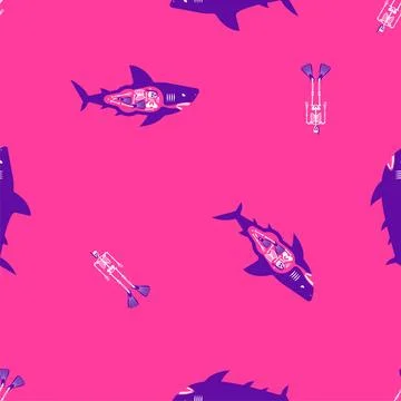 Seamless pink pattern with blue sharks. Vector background for ocean, marine.. Stock Illustration
