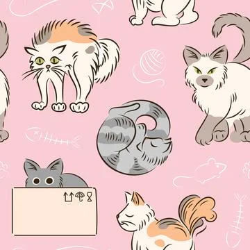 Seamless pink pattern of cats in different poses in sketch style. Fat cute cat Stock Illustration