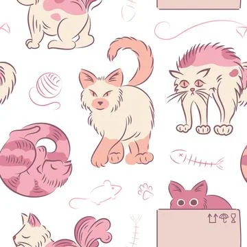 Seamless pink pattern of cats in different poses in sketch style. Fat cute cat Stock Illustration
