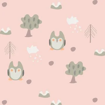 Seamless pink pattern for children with an owl Stock Illustration
