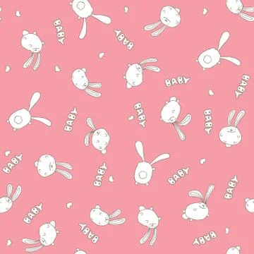 Seamless pink pattern with cute rabbits Stock Illustration