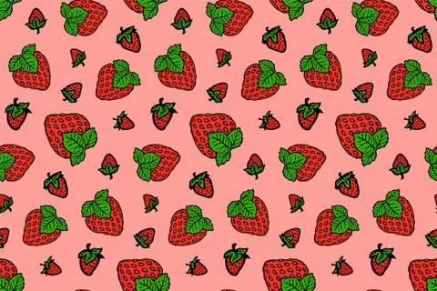 Seamless pink pattern with drawn red strawberries Stock Illustration