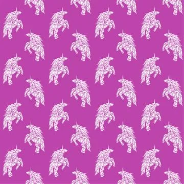 Seamless pink pattern with prancing white unicorns Stock Illustration