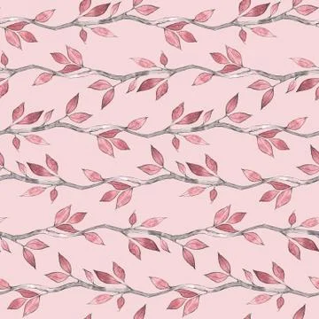 Seamless pink pattern with watercolor branches Stock Illustration
