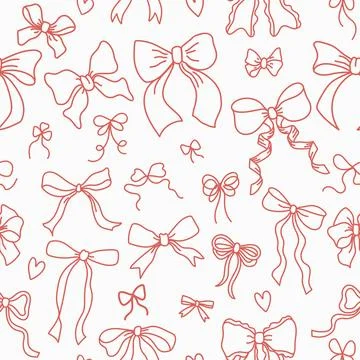 Seamless pink ribbon pattern with cute vintage bows. Hand drawn repeat back.. Stock Illustration