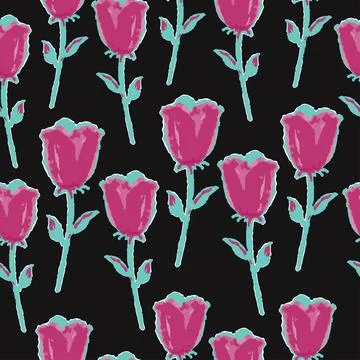 Seamless pink roses pattern on black background , greeting card Stock Illustration