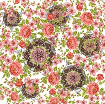 Seamless pink roses pattern with geometric mandala.Traditional shapes background Stock Illustration