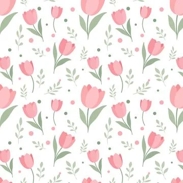 Seamless Pink Tulip Pattern with Green Leaves on White Background Ilustração Stock