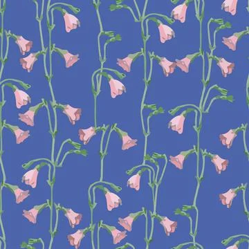 Seamless pink wild flowers pattern on blue  background , greeting card or fab Stock Illustration