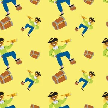 Seamless pirate bear pattern with telescope and treasure chest on yellow Stock Illustration