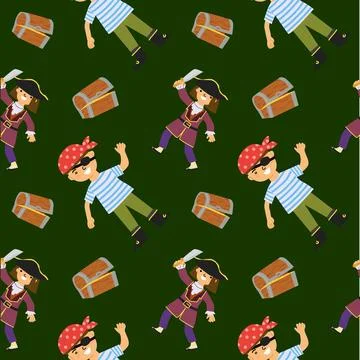 Seamless pirate pattern with cartoon characters and treasure chests 스톡 일러스트