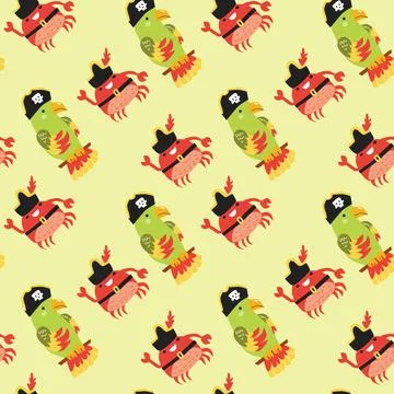 Seamless pirate themed pattern with parrots and crabs Illustrazione stock