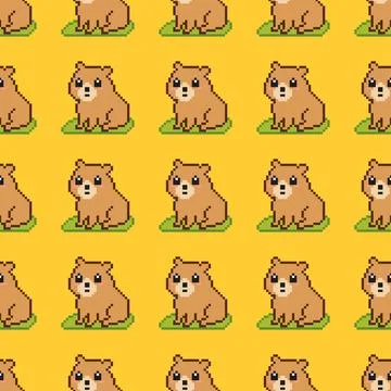 Seamless pixel art capybara pattern on yellow background. Stock Illustration