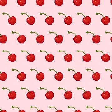 Seamless pixel art cherry pattern. Repeating red cherries with green stems on a Stock Illustration