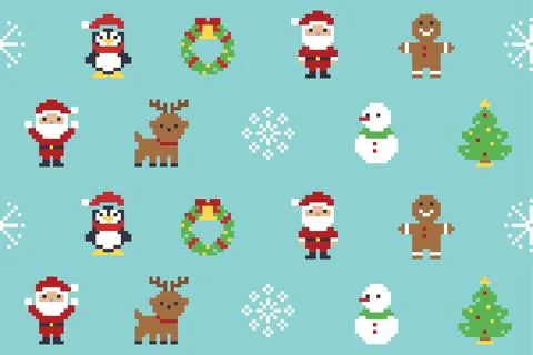Seamless Pixel Art Christmas Pattern With Santa Reindeer Snowman Wreath And.. 스톡 일러스트