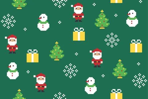 Seamless Pixel Art Christmas Pattern With Santa Snowman Pine Gift And Snowfla Stock Illustration