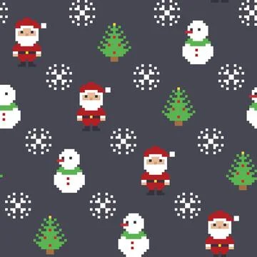 Seamless Pixel Art Christmas Pattern With Santa Snowman Pine Tree And Snowfla 스톡 일러스트
