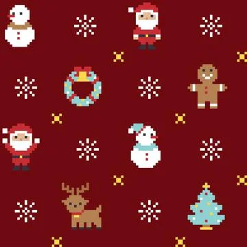 Seamless Pixel Art Christmas Pattern With Santa Reindeer Gingerbread Snowma.. 스톡 일러스트
