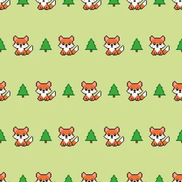 Seamless pixel art fox and pine tree pattern on green background.	 Stock Illustration