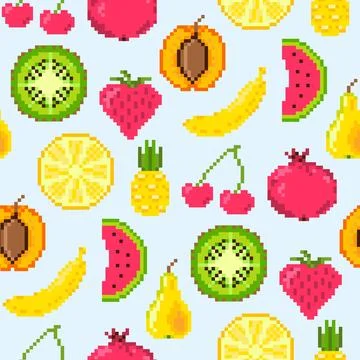 Seamless pixel art fruit pattern 스톡 일러스트