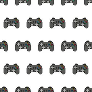 Seamless pixel art game controller pattern on a white background. Stock Illustration