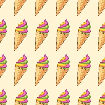 Seamless pixel art pattern of colorful swirl ice cream cones on a soft beig.. Stock Illustration