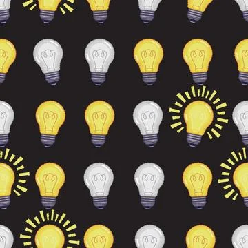 Seamless pixel art pattern of light bulbs in different states, off glowing and Stock Illustration
