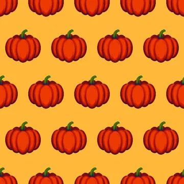 Seamless pixel art pattern of pumpkins on orange background for seasonal Illustrazione stock
