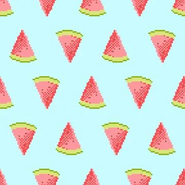 Seamless pixel art pattern with watermelon slices. Juicy summer design for .. Stock Illustration