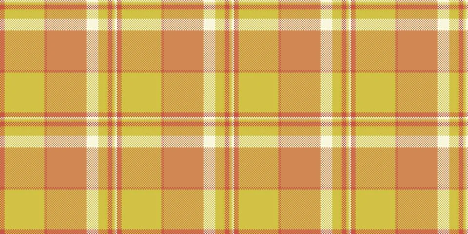 A seamless pixel art plaid pattern featuring warm yellow, orange, and cream s Stock Illustration