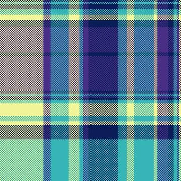 Seamless pixel art plaid pattern featuring vibrant blue, purple, and yellow.. Stock Illustration