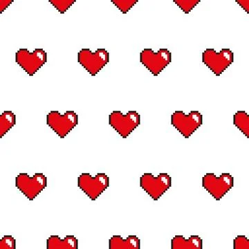 Seamless pixel art red heart pattern on a white background. Stock Illustration