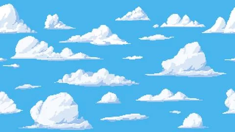 Seamless pixel background of a blue sky with white clouds of various shapes, 8 Stock Illustration