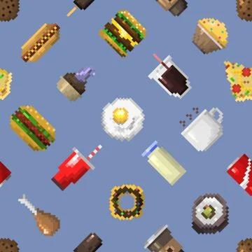 Seamless pixel breakfast pattern vector. Stock Illustration