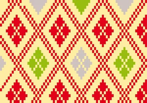 Seamless pixel retro pattern and folk art design flat line vector. Stock Illustration