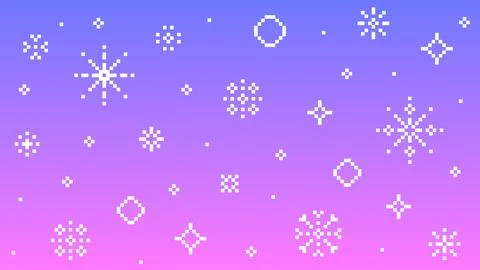 Seamless Pixel Snowflake Pattern on Purple Pink Gradient Vector Background イラスト素材