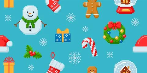 Seamless pixel wallpaper with a winter pattern of a snowman, wreath, Santa hat Illustrazione stock
