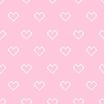 Seamless Pixelated pattern, white hearts on pink background. Stock Illustration