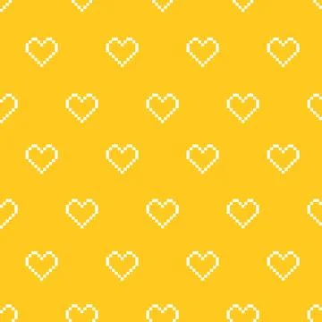 Seamless Pixelated pattern, white hearts on yellow background. Stock Illustration