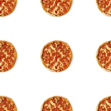Seamless pizza pattern isolated on white background. Top view on paperoni pizza Stock Photos