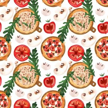 Seamless pizza pattern with mushrooms, tomatoes, olives and arugula Stock Illustration