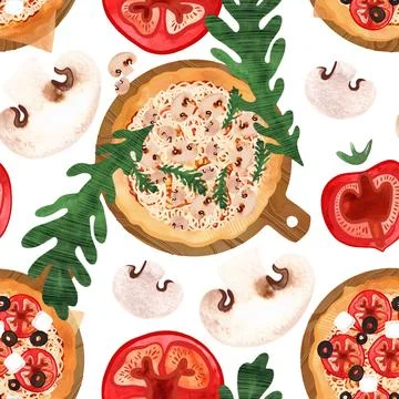Seamless pizza pattern with mushrooms, tomatoes, olives and arugula. Illustrazione stock
