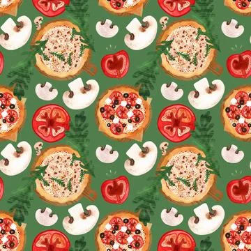 Seamless pizza pattern with mushrooms, tomatoes, olives and arugula. Watercolor Stock Illustration