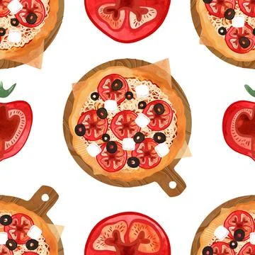 Seamless pizza pattern with tomatoes, olives and cheese. Watercolor Stock Illustration