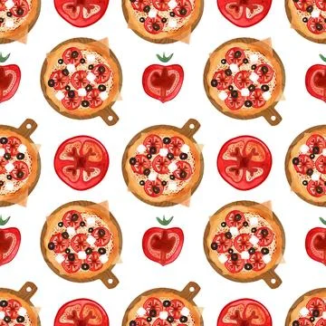Seamless pizza pattern with tomatoes, olives and cheese. Watercolor Stock Illustration
