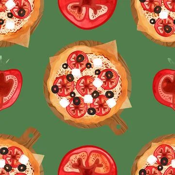 Seamless pizza pattern with tomatoes, olives and cheese. Watercolor illustration Stock Illustration