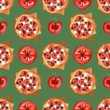 Seamless pizza pattern with tomatoes, olives and cheese. Watercolor illustration Stock Illustration
